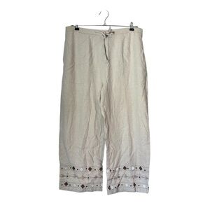 Sag Harbor Wide Leg Crop Pants Beige Linen Blend  Embroidered Hem size Medium